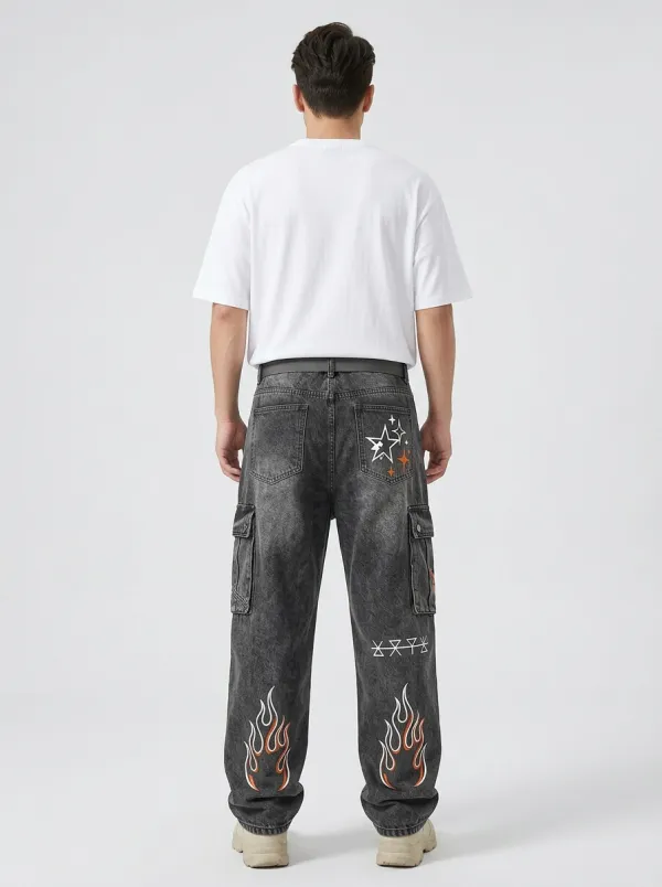 Unisex Streetwear Star Flame Cargo Jeans