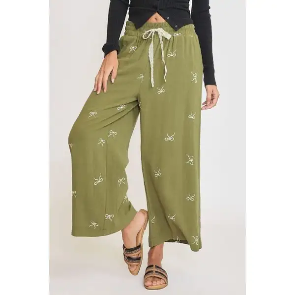 Classic Full Size Lace Drawstring Embroidered Bow Wide Leg Pants Plus Size