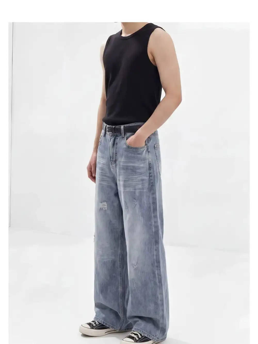 Washed Distressed Wide Leg Jeans