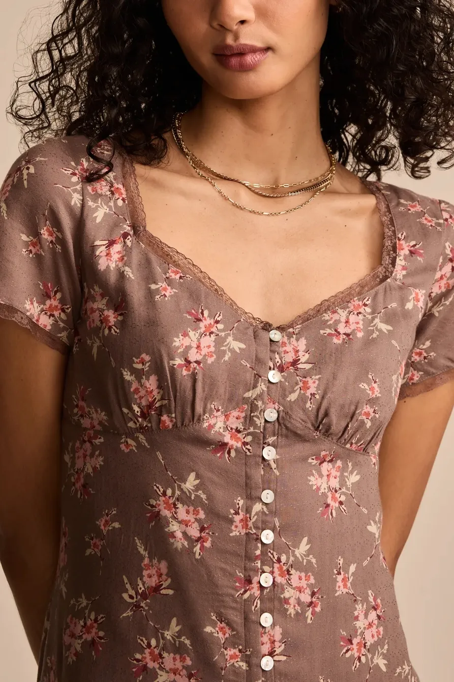 Floral Lace Trimmed Short Sleeve Midi Dress