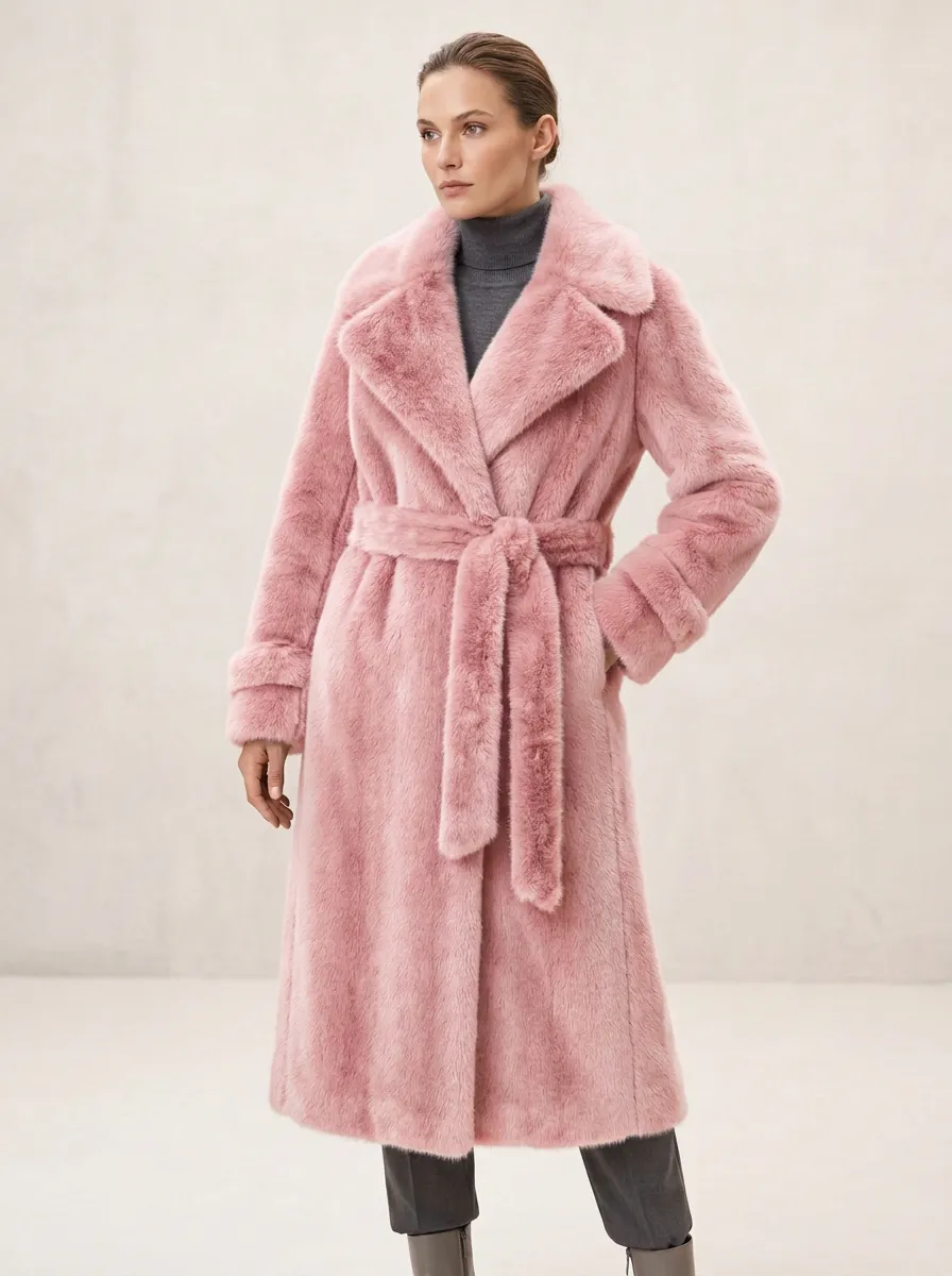 Open Front Solid Faux Fur Belted Coat
