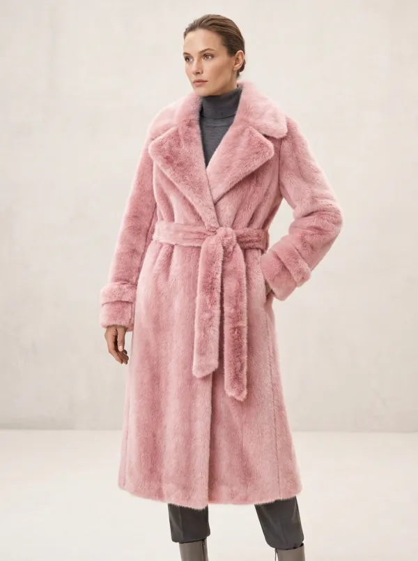 Open Front Solid Faux Fur Belted Coat