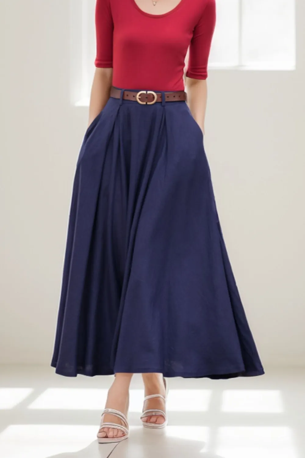 Checkered Linen Cotton Pleated A Line Elastic Waist Maxi Skirt