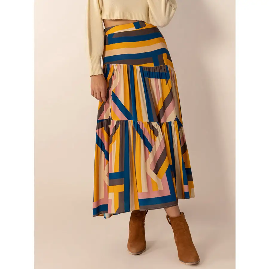 Ruched Elastic Waist Contrast Midi Skirt