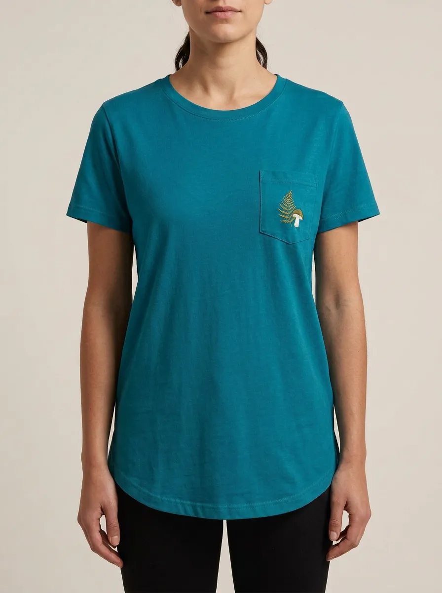 Women's Fern & Mushroom Embroidered Pocket Crewneck T-Shirt