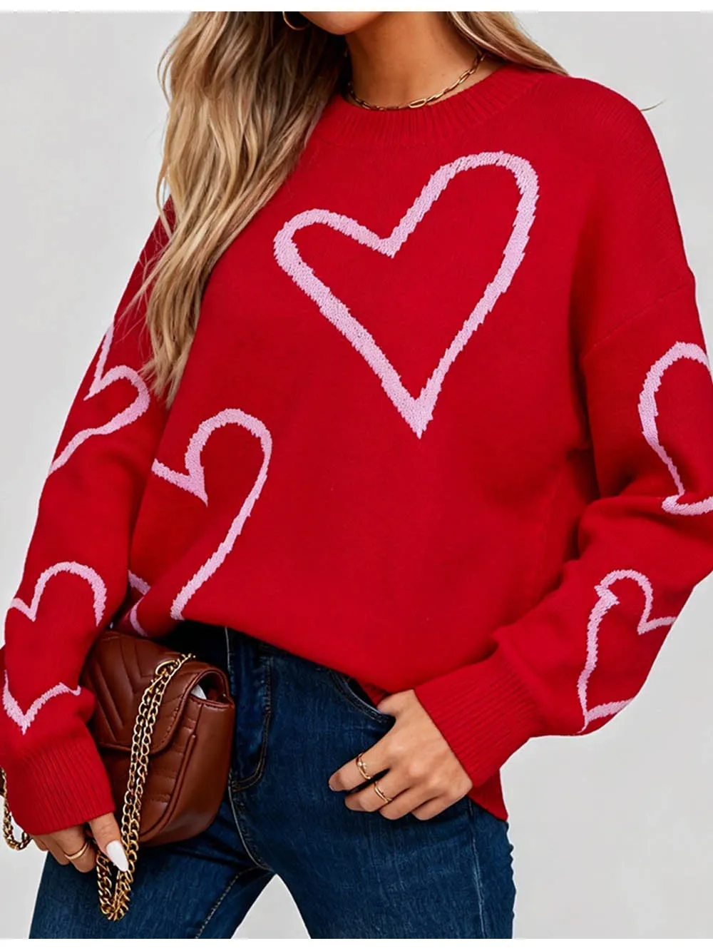 Valentine Heart Pattern Round Neck Long Sleeves Sweater