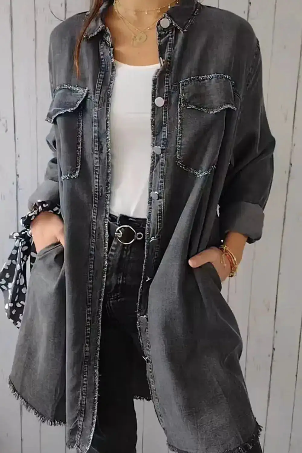 Relaxed Denim Button Front Pocketed Casual Jacket
