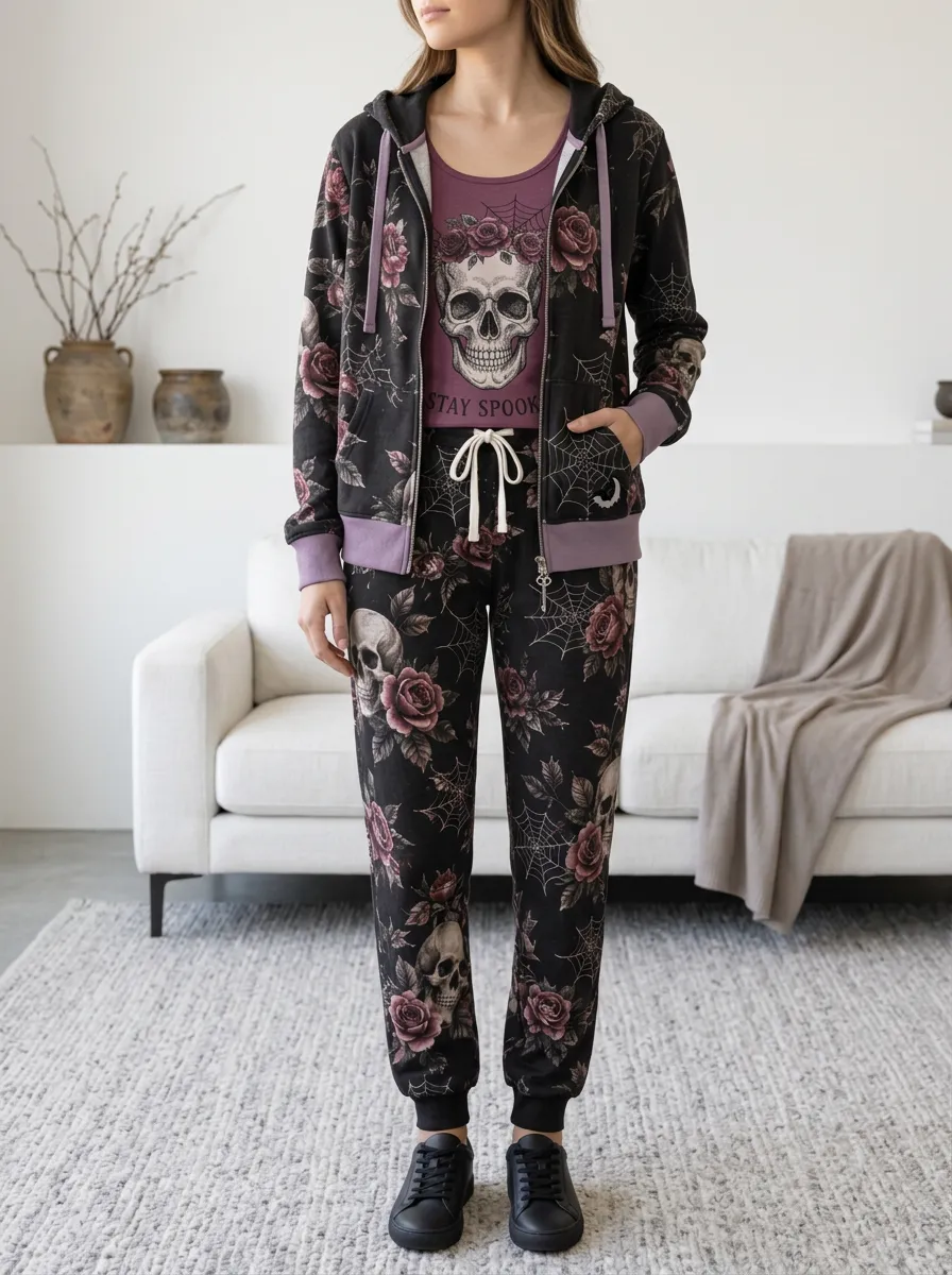 Women's Halloween Gothic Skull Rose All-Over Graphic Lounge Set