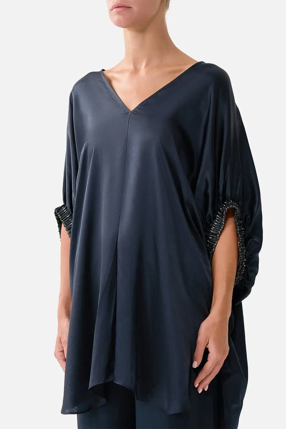 Gathered Cuff V-Neck Top