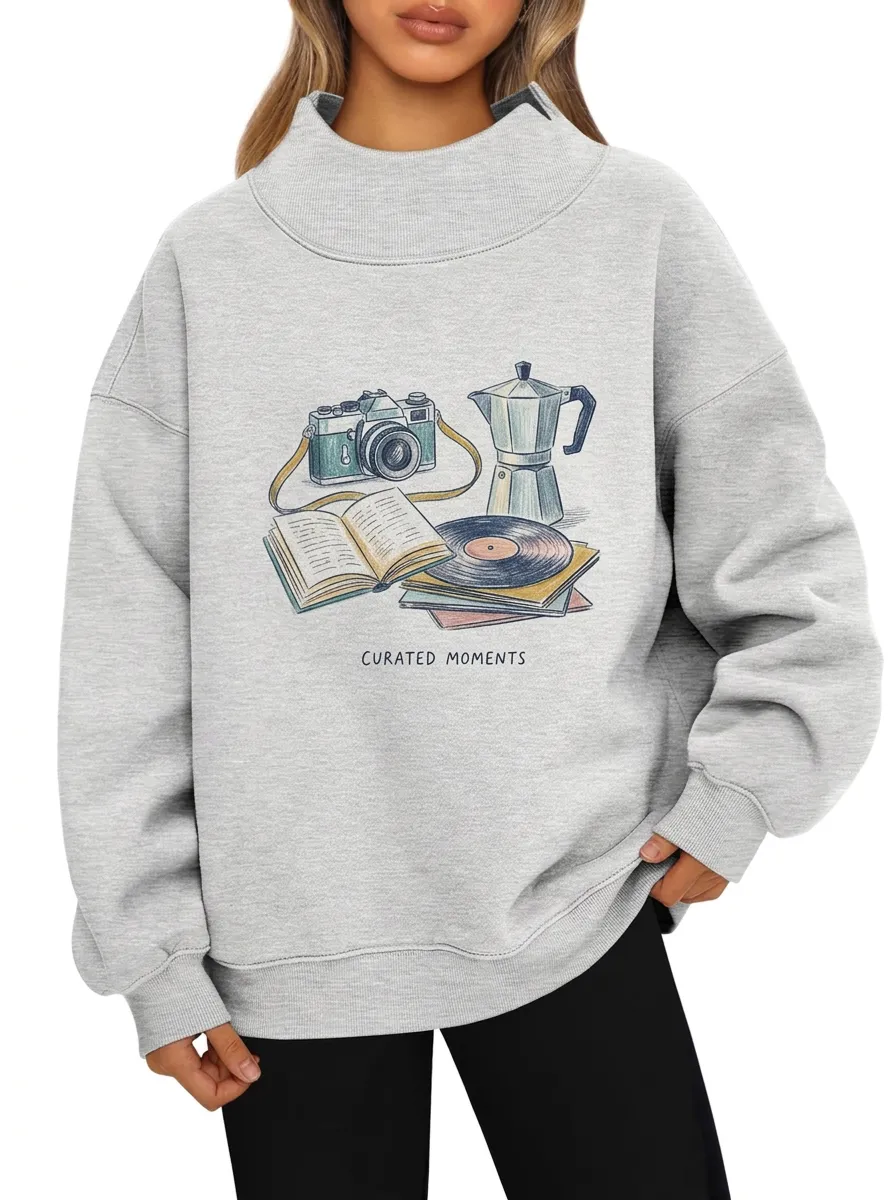 Women's Vintage Hobby Camera Coffee Vinyl Book Graphic Sweatshirt