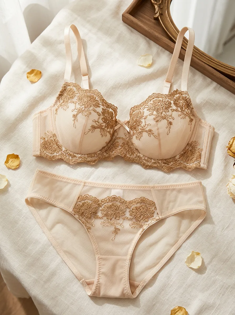 Women's Floral Embroidery Mesh Floral Classic Coverage Lingerie Set