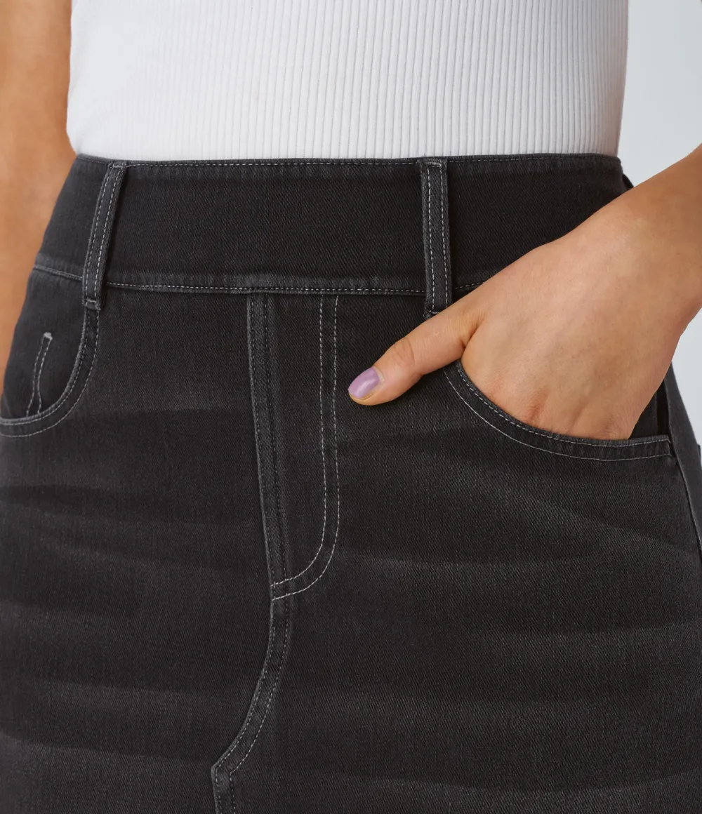 Magic High Waisted Multiple Pockets Bodycon Split Washed Stretchy Knit Denim Casual Midi Skirt