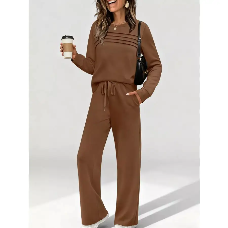 Full Size Casual Long Sleeve Top and Pants Set Plus Size
