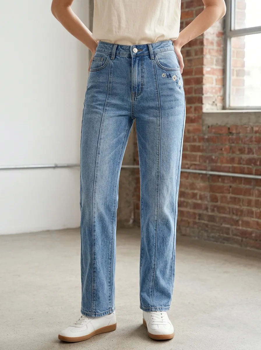 Women's Floral Embroidery High Waisted Seamed Printed Jeans