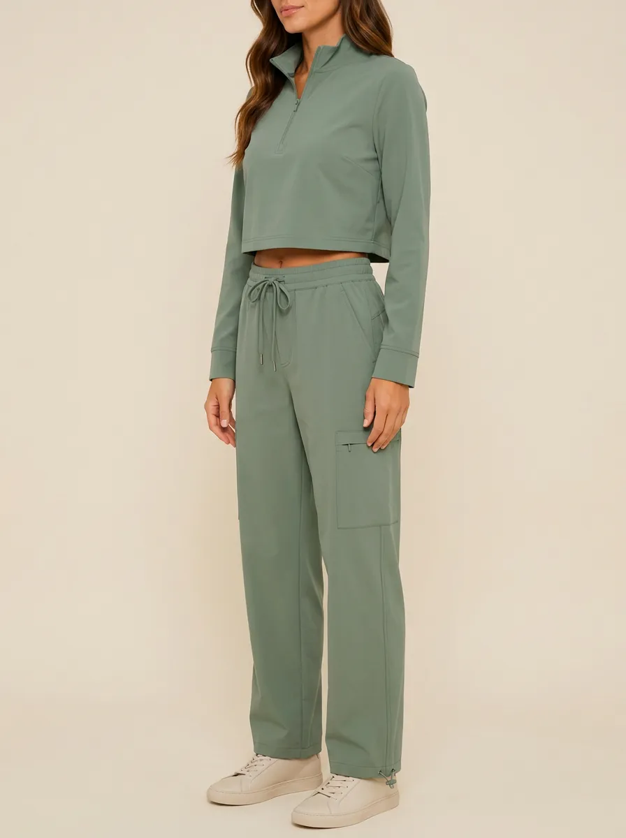 Women's Quarter-Zip Stand-Collar Crop Top and Adjustable-Hem Cargo Pant Set
