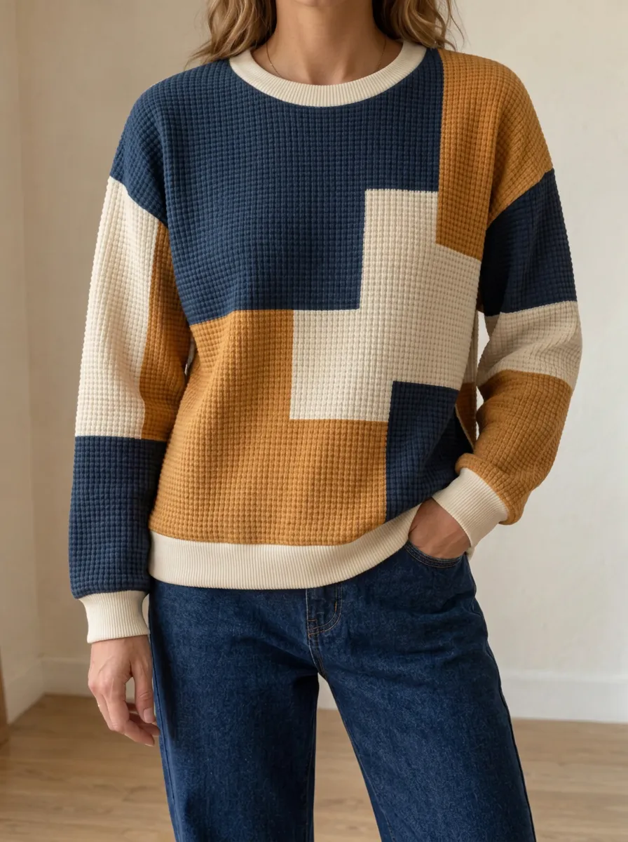 Women's Colorblock Geometric Pattern Graphic Waffle Knit Crewneck Sweatshirt