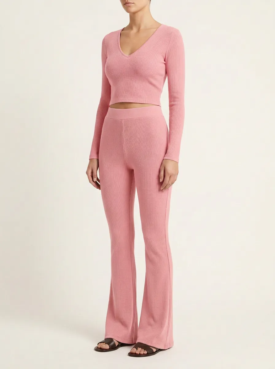 Women's Ribbed V-Neck Crop Top and High-Rise Flare Pant Set