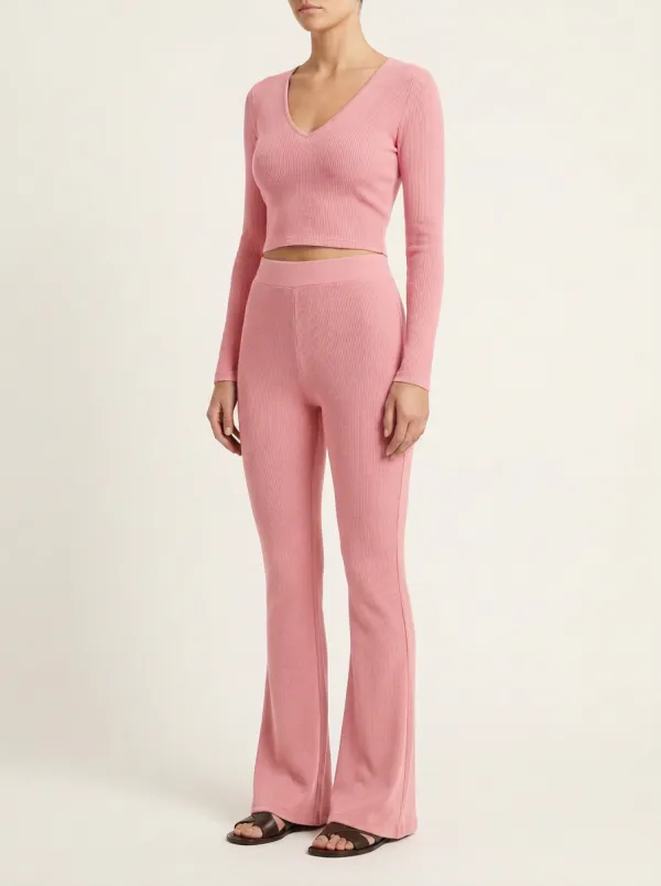 Women's Ribbed V-Neck Crop Top and High-Rise Flare Pant Set