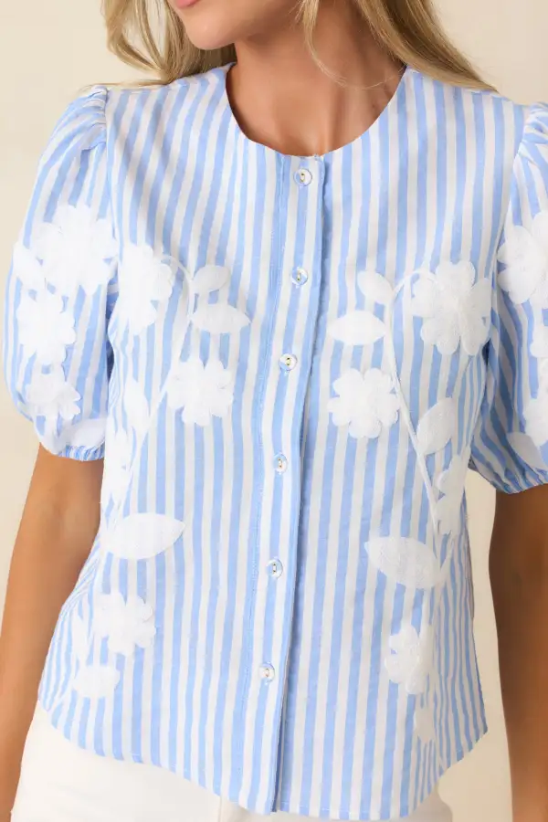Button-Front Short-Sleeve Embroidered Striped Top