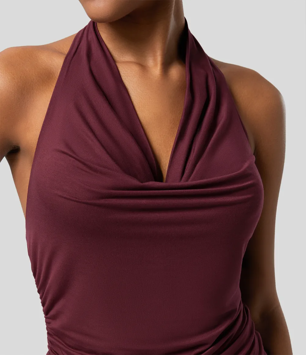 Halter Cowl Neck Backless Ruched Casual Tank Top