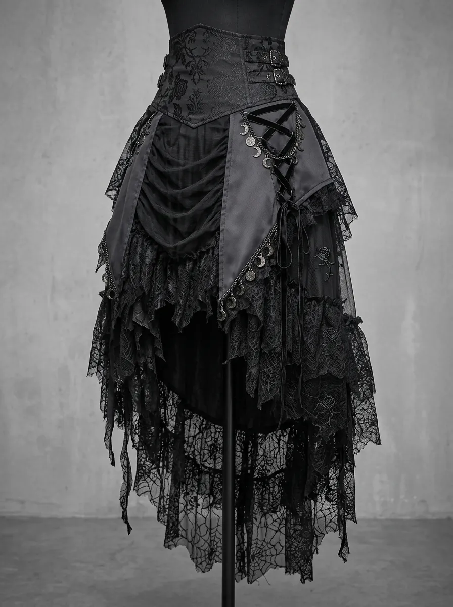 Noir Moon Lace Ruffle Profile Women's Gothic High-Low Skirt