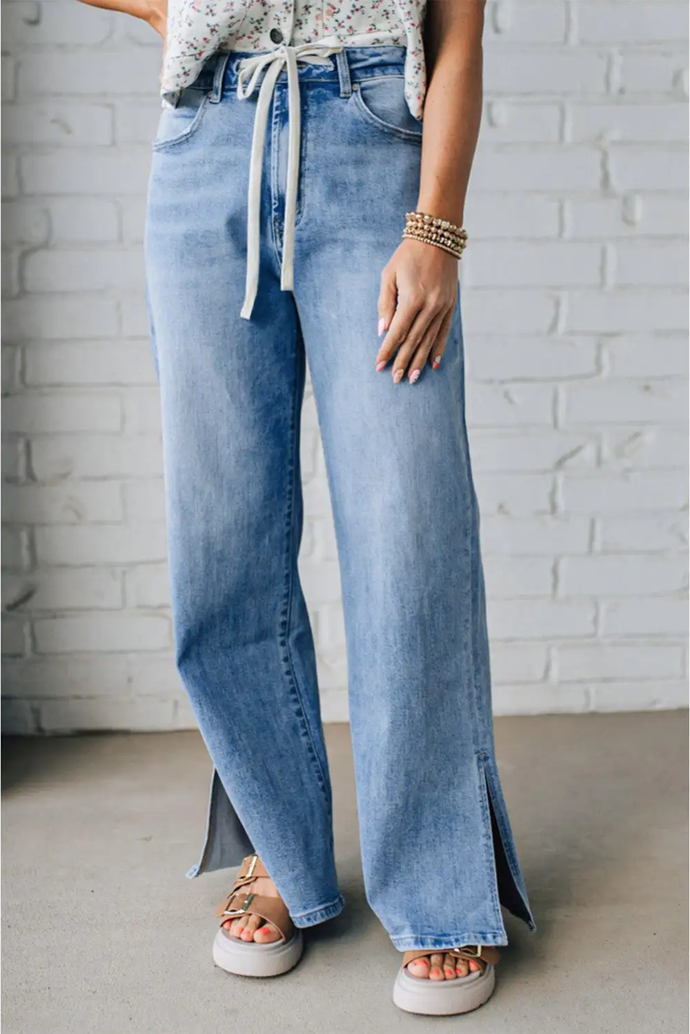 Women's Slit Leg High Rise Drawstring Casual Jeans