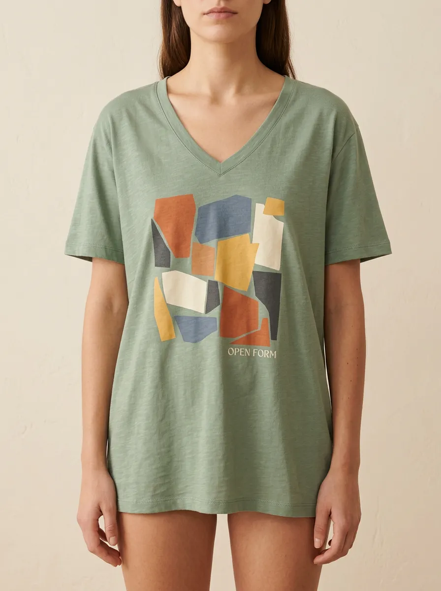 Women's Abstract Geometric Art Open Form Printed V-Neck T-Shirt
