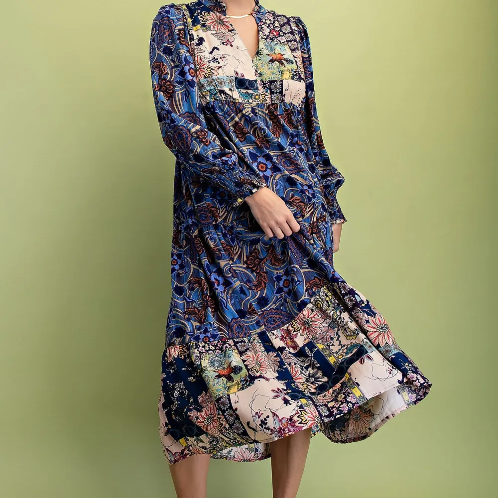Smocked Tiered Ruffle Detail Long Sleeve Dress