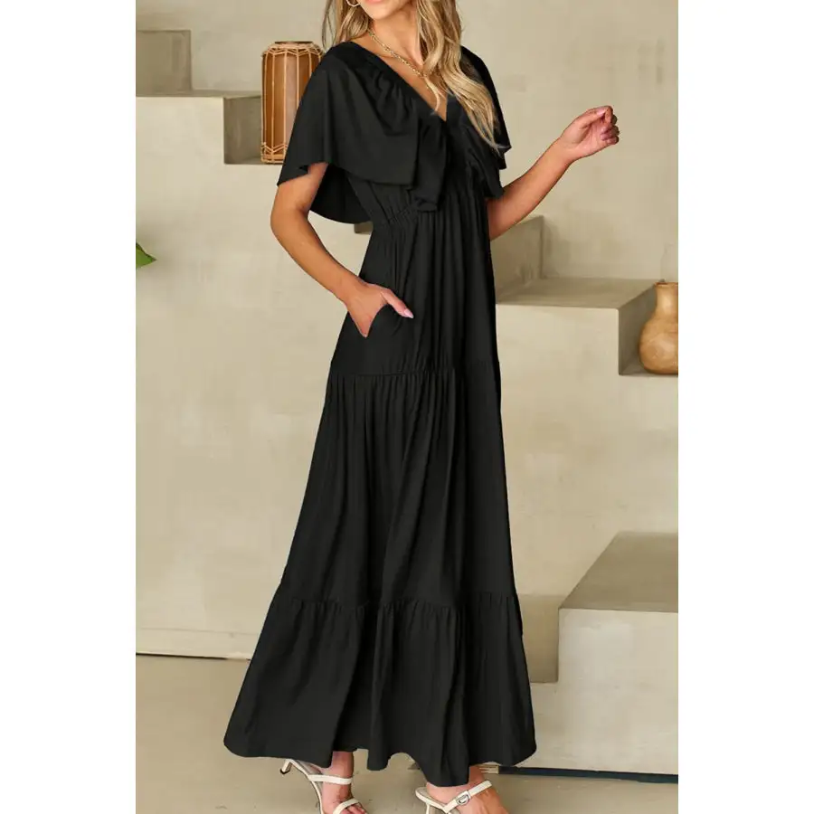 Ruffled V Neck Flutter Sleeve Maxi Dress