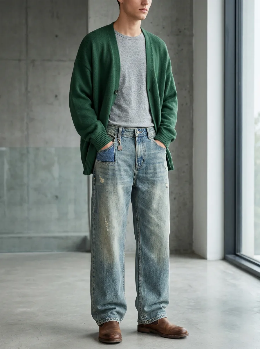 Men's Distressed Vintage Wash Contrast Pocket Denim Jeans
