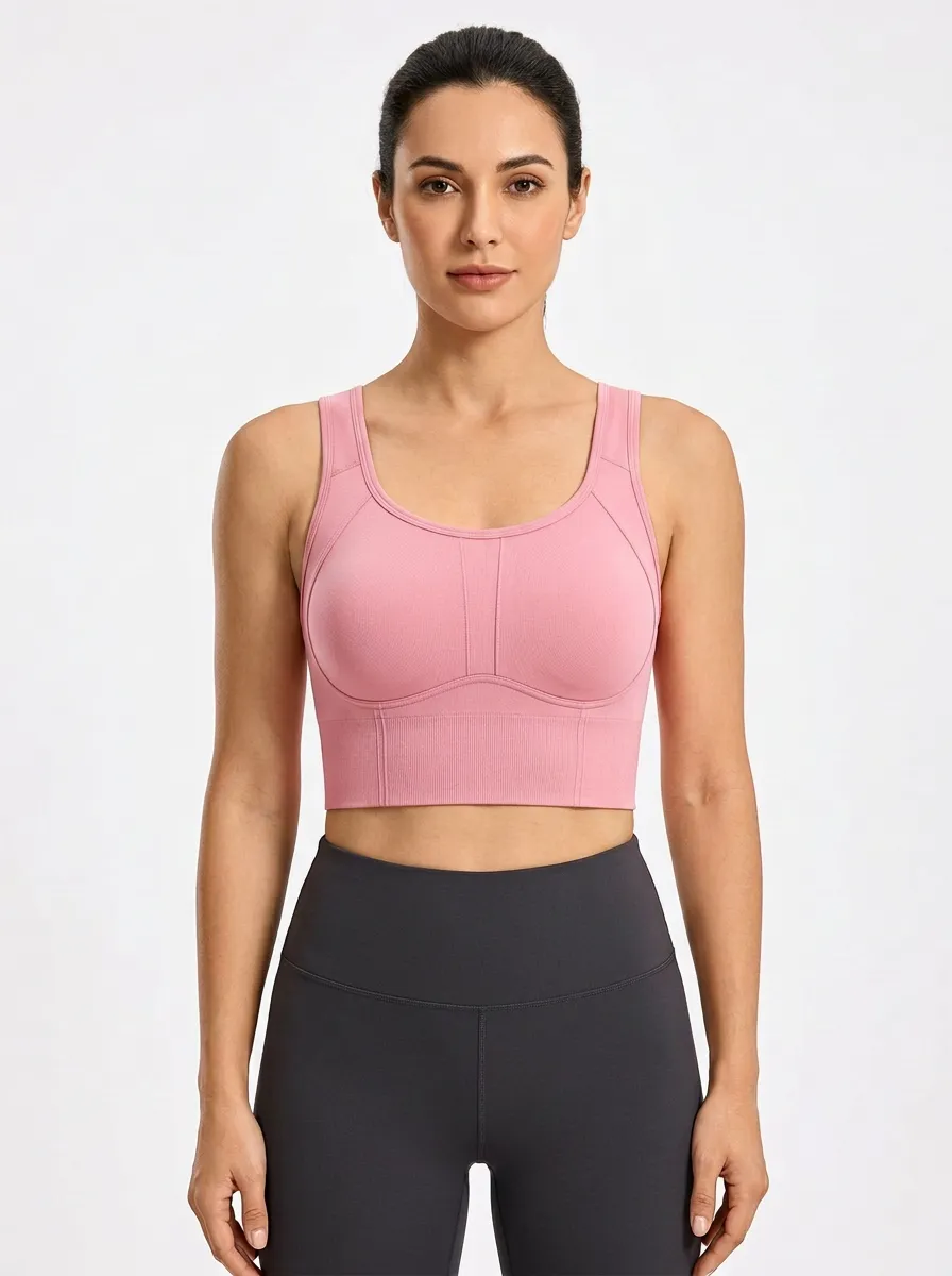 Women's Scoop-Neck Chest-Contour Ribbed Paneled Sports Bra