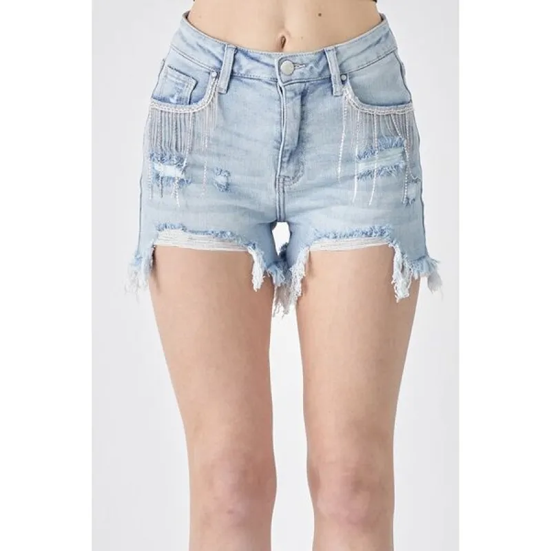 Frayed Hem Denim Shorts with Fringe Detail Pockets