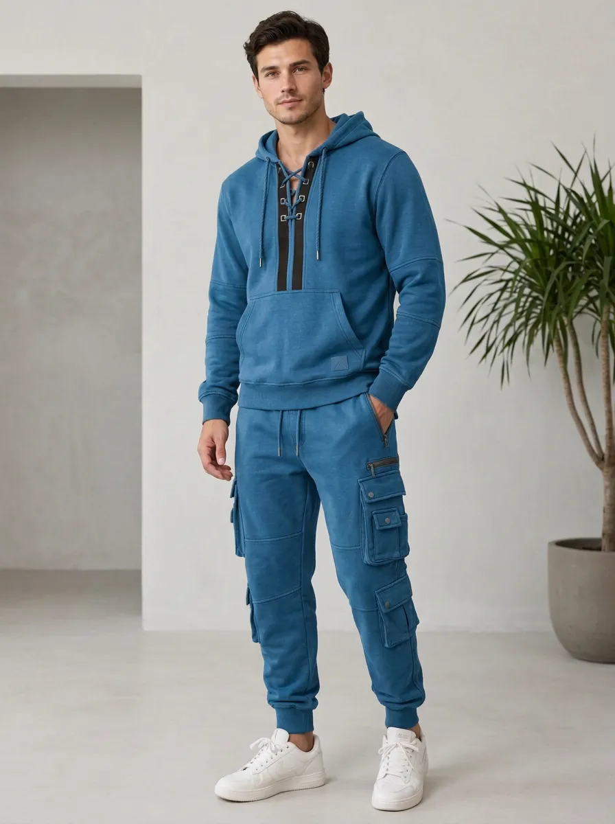 Functional Lace-Up Multi Pocket Silhouette Men's Lace Up Hoodie And Cargo Jogger Set