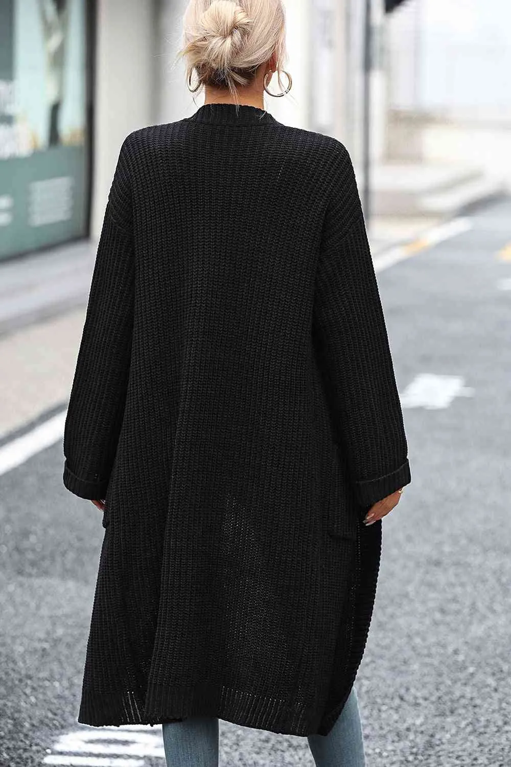 Open Front Dropped Shoulder Pocket Detail Cardigan