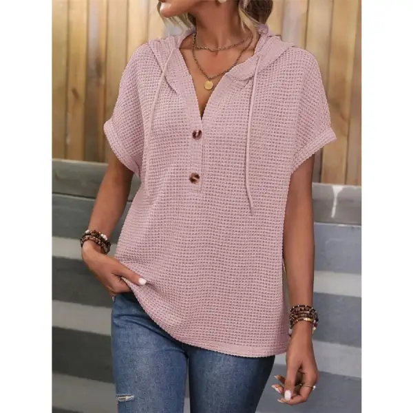 Waffle Knit Hooded Short Sleeve Blouse