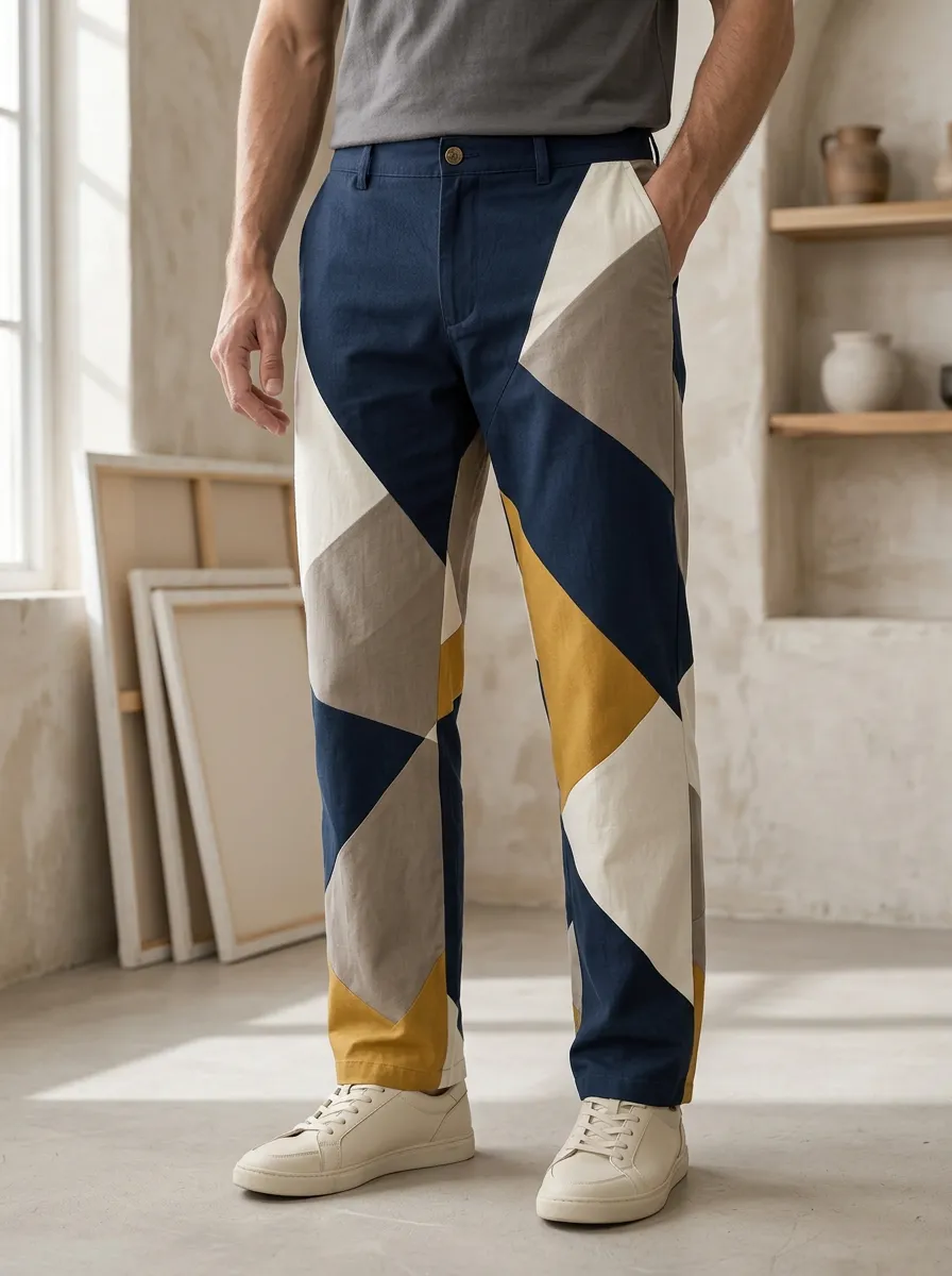 Men's Straight-Leg Geometric Print Trousers