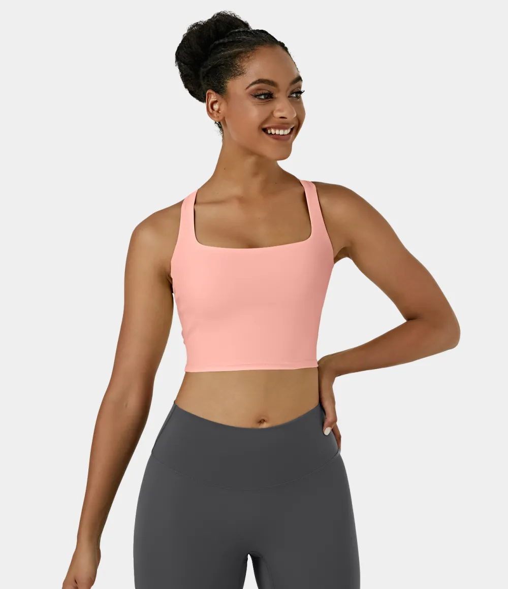 Softlyzero Airy Square Neck Backless Crisscross Cropped Cool Touch Yoga Tank Top-UPF50+