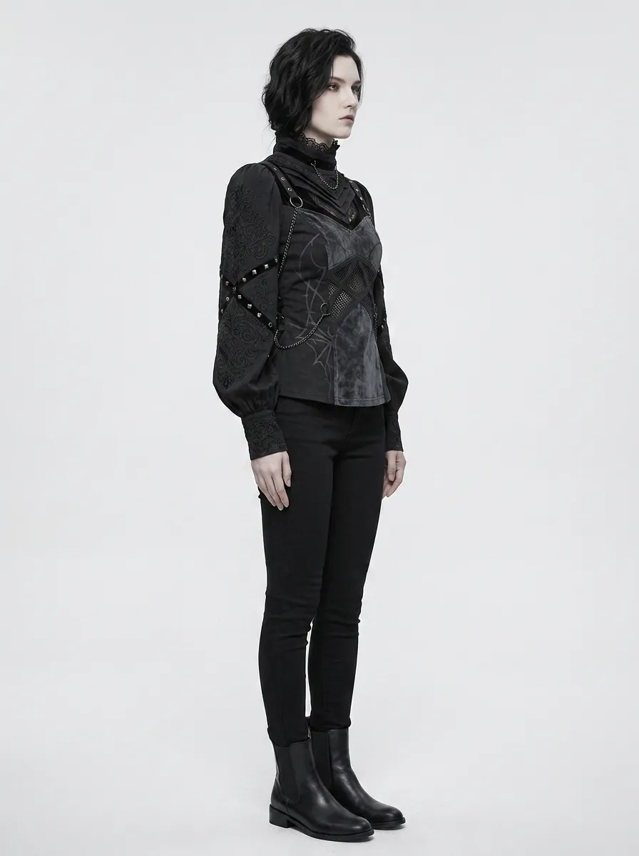 Women's Gothic Victorian Lace Chain Embellished Printed Top