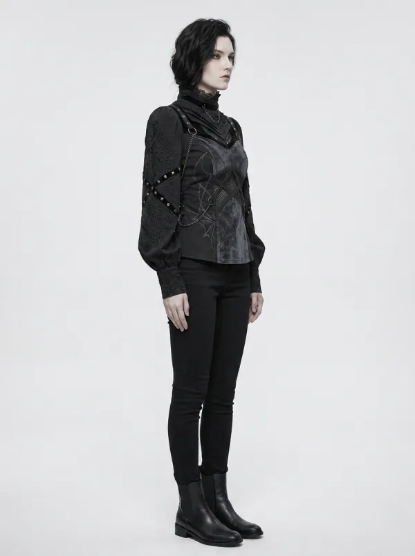 Women's Gothic Victorian Lace Chain Embellished Printed Top