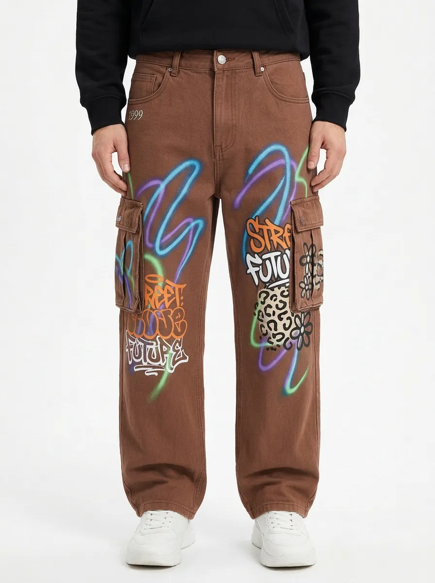 Men's Streetwear Graffiti Leopard Print Baggy Graphic Cargo Jeans