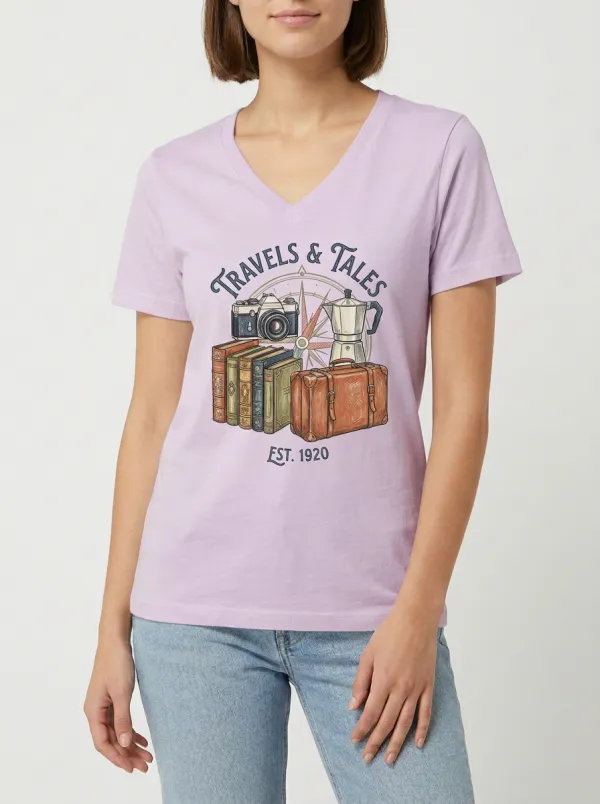 Women's Travel Compass Camera Books Graphic V-Neck T-Shirt