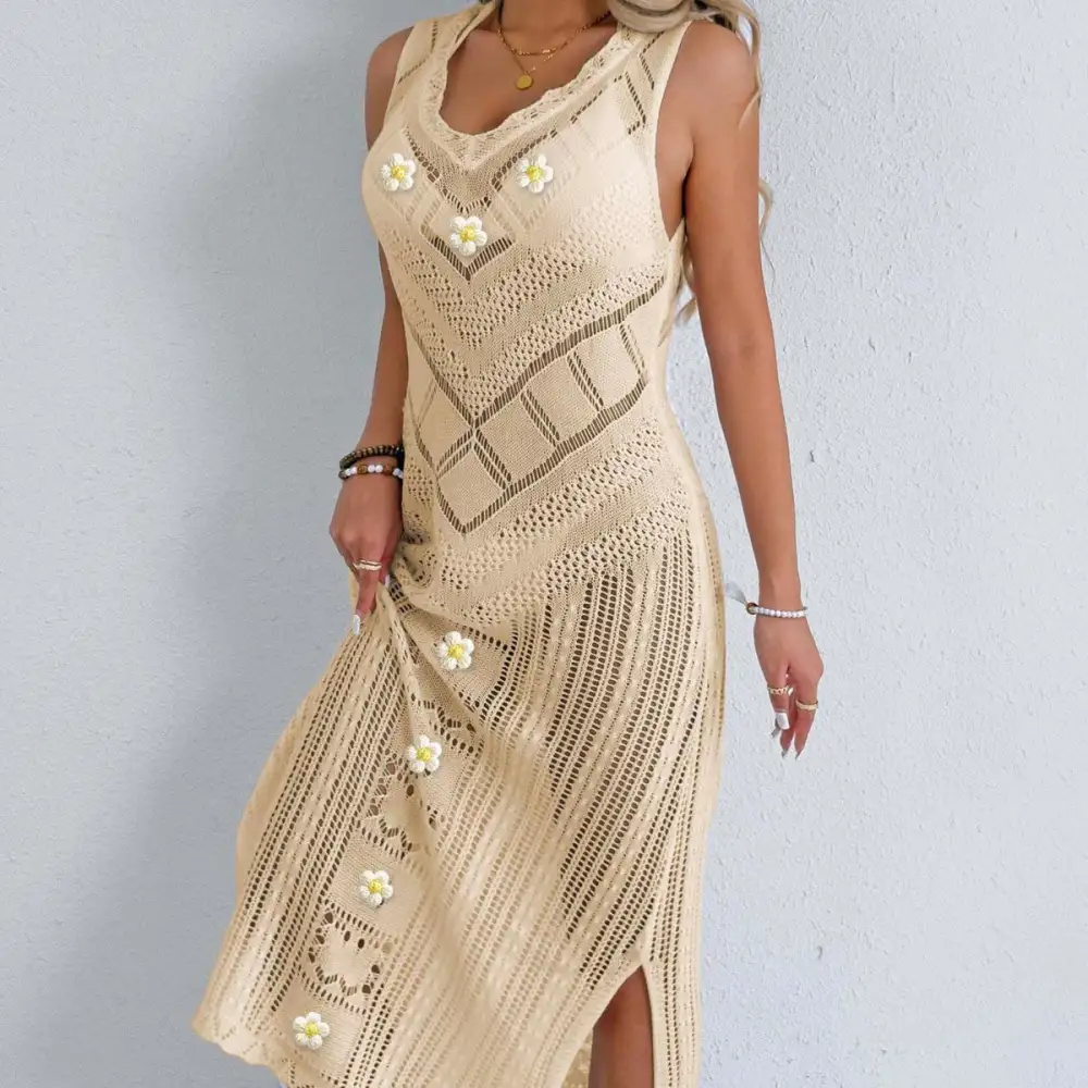 Women's V-Neck Crochet Floral Beach Dress