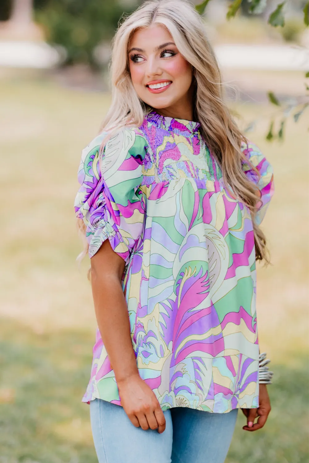 Green Abstract Print Bubble Sleeve Blouse