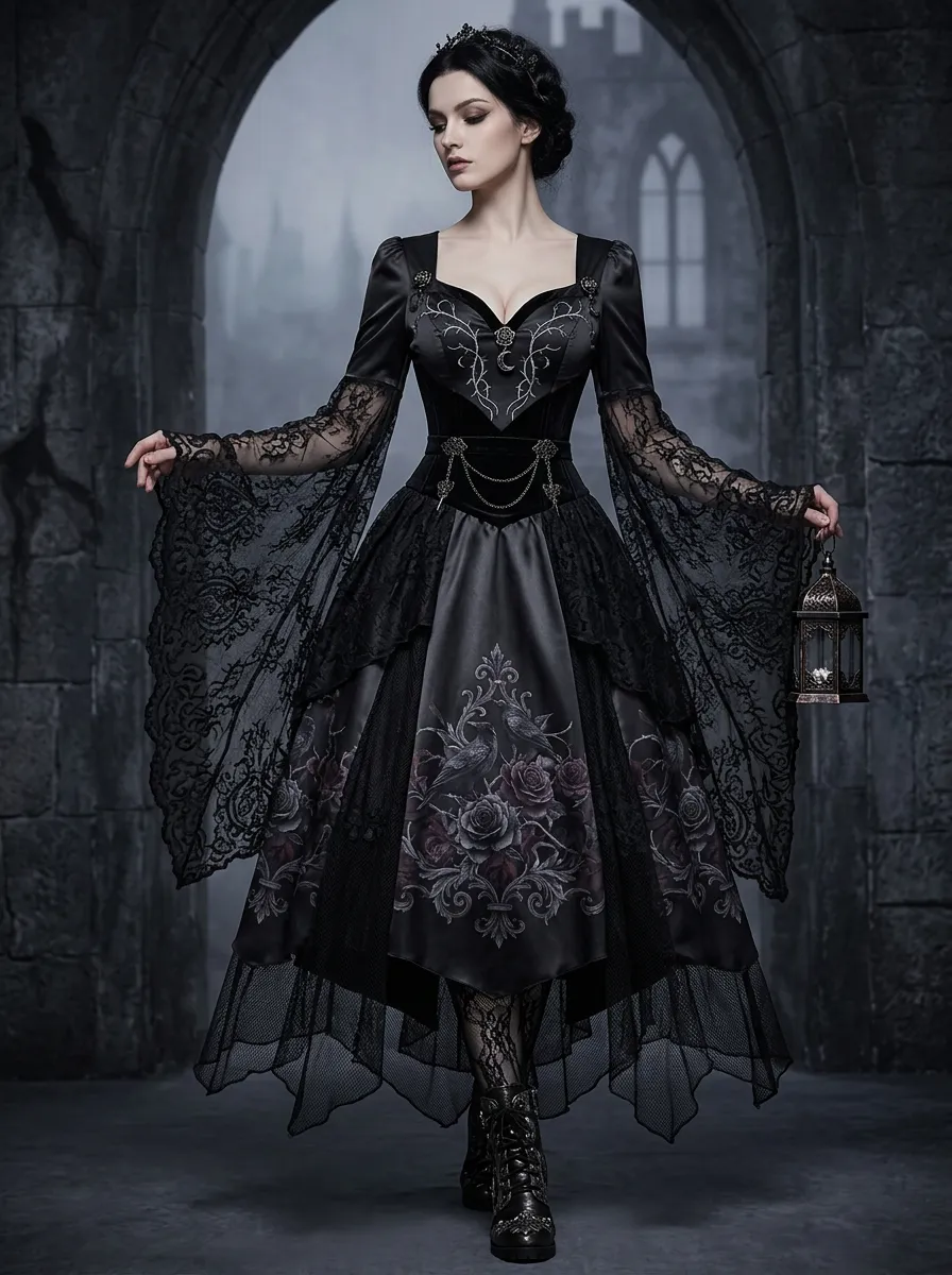 Punk Rose Raven Floral Dark Look Women's Gothic Dress