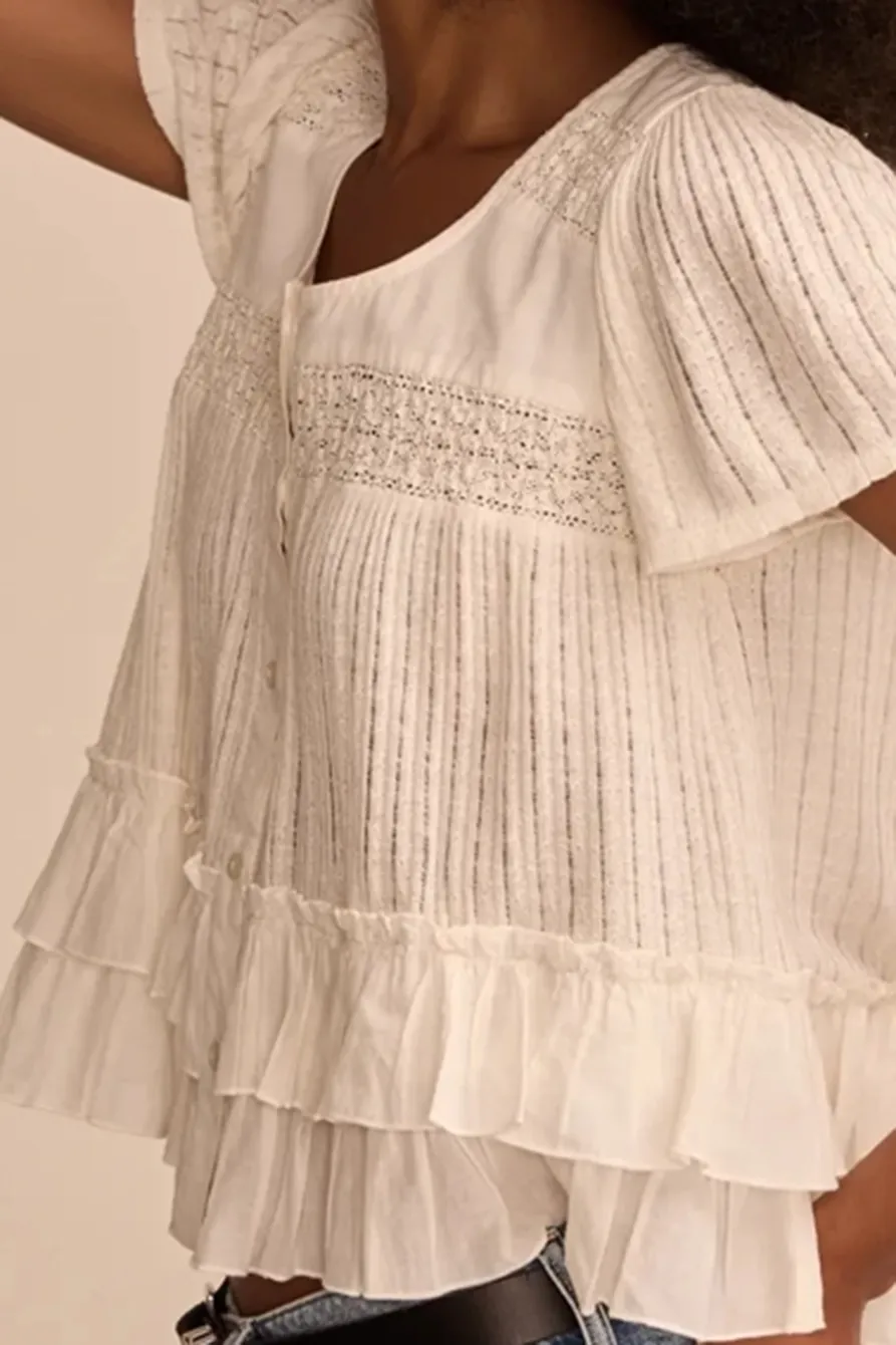 White Smocked Lace Tee