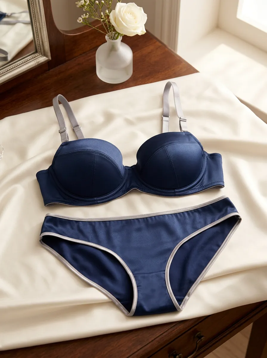 Women's Satin Contrast Trim Contrast Seamless Lingerie Set