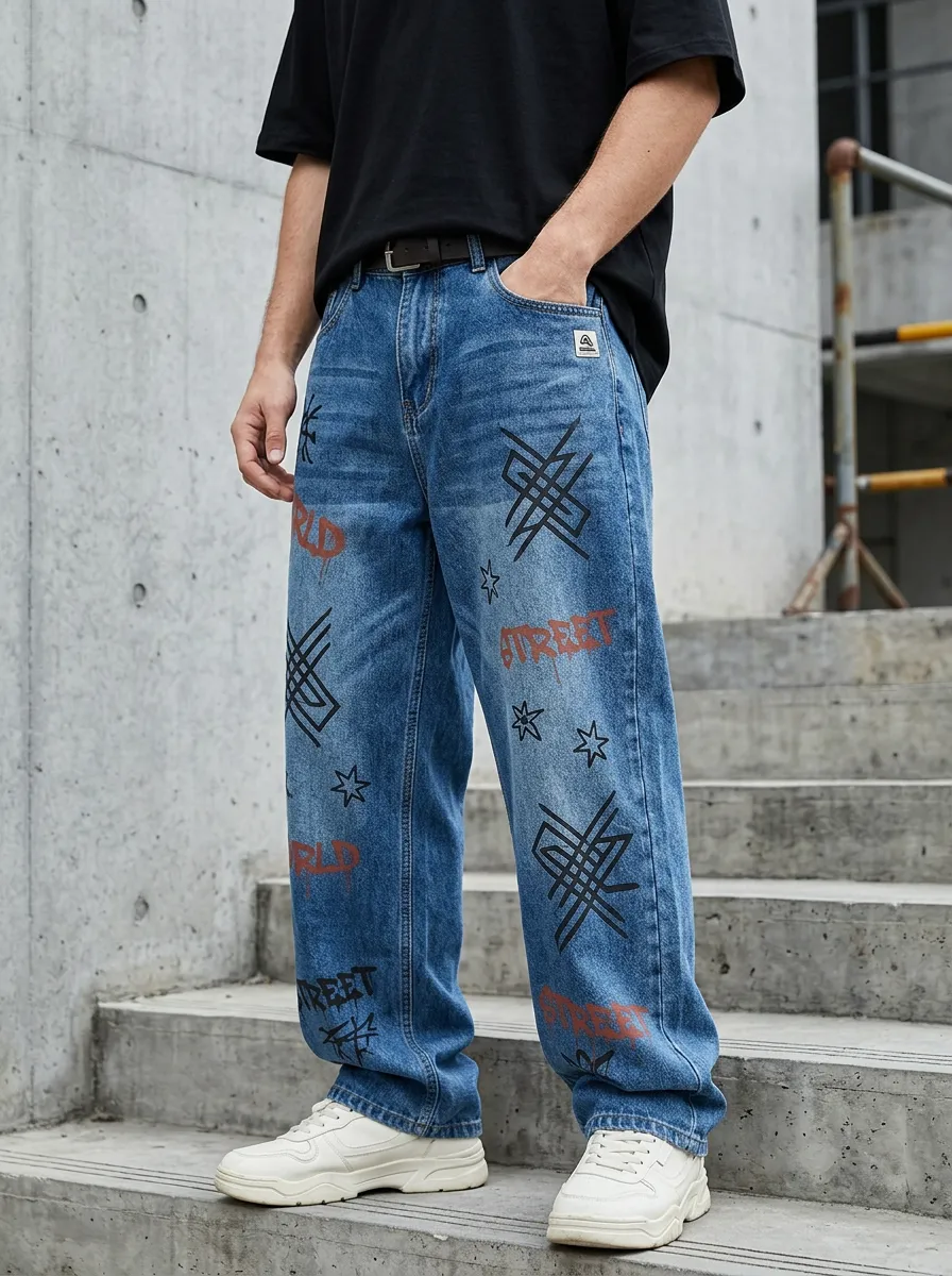 Unisex Urban Streetwear Graffiti Star Loose-Fit Jeans