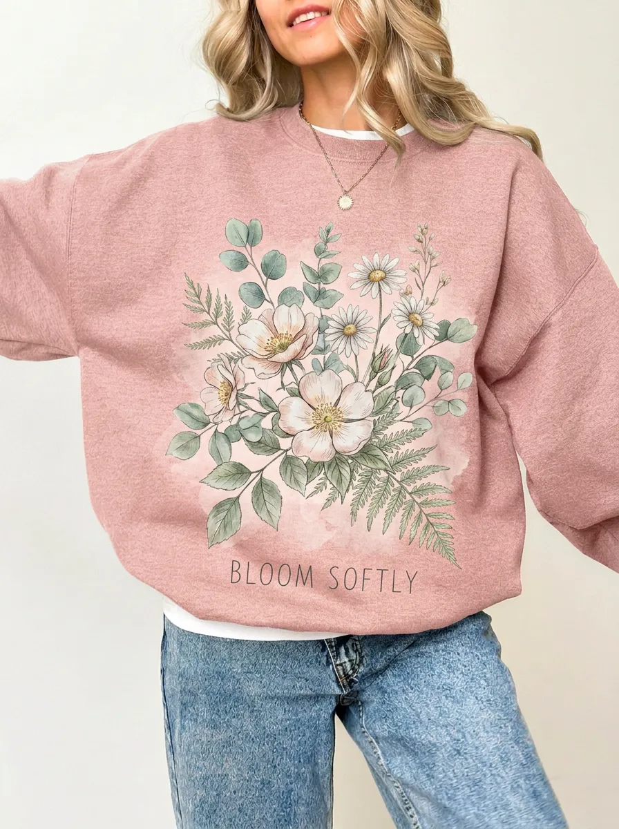 Women's Floral Nature Bloom Softly Graphic Sweatshirt