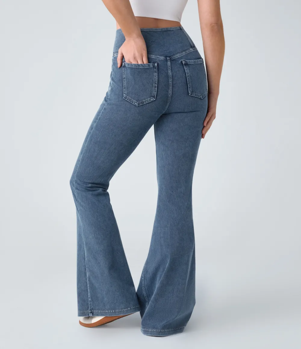 Magic High Waisted Crossover Pocket Cool Touch Washed Stretchy Knit Casual Super Flare Jeans
