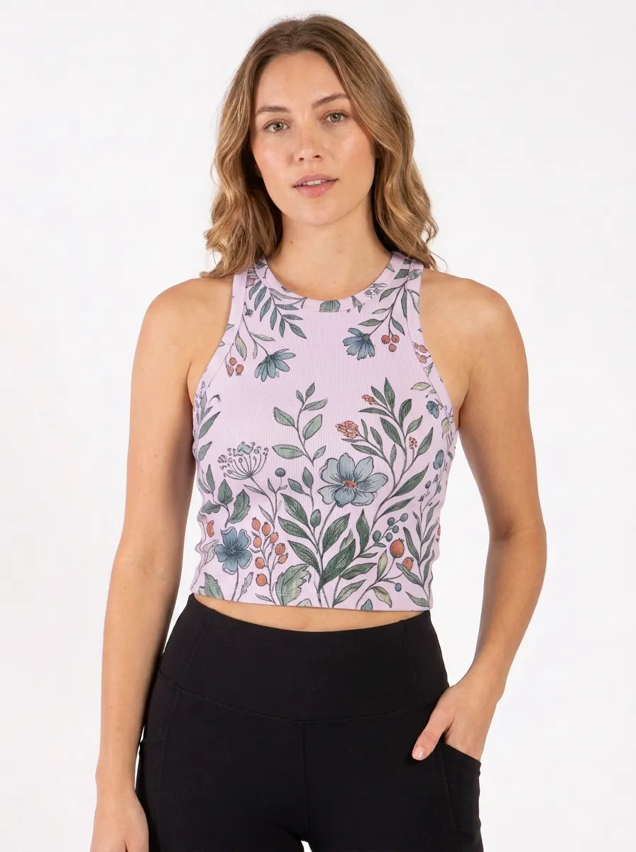 Women's Botanical Floral Nature Graphic Ribbed Crop Tank Top